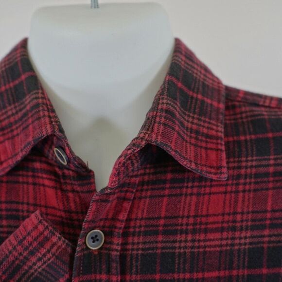 Jachs Red Red Plaid Flannel Medium Collared Dress Shirt Pocket Front - Picture 3 of 10